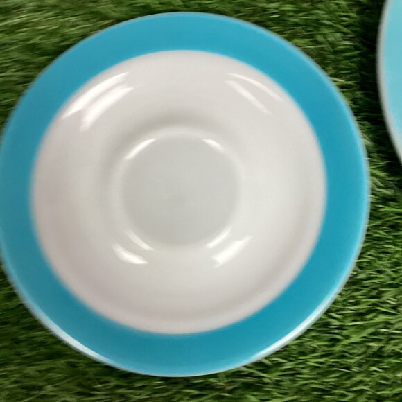 Vintage PYREX Turquoise Aqua Wide Rim Stripe Saucer Plates Set - Picture 6 of 9